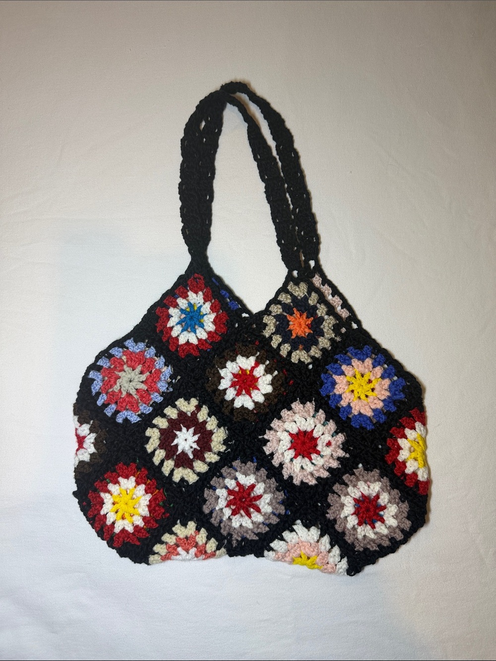 Handmade Black Crochet Shoulder Bag with Multicolor Granny Squares